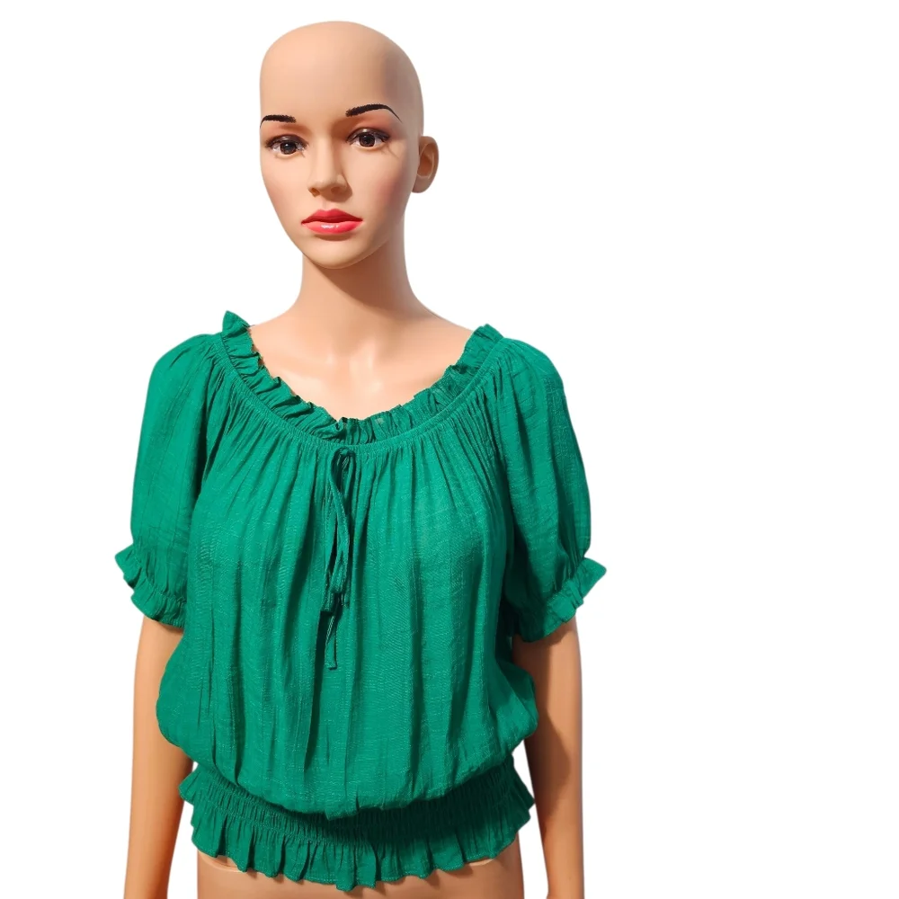 Anthropologie June & Hudson Women's Off Shoulder Smocked Peasant Green Blouse S